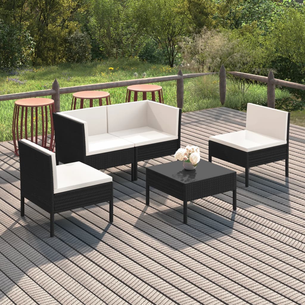 5 Pcs conjunto lounge de jardim c/ almofadões vime PE preto