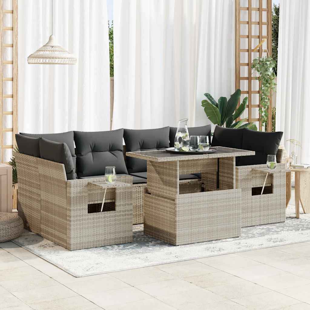 7 Pcs conj. sofás jardim com almofadões vime PE cinzento-claro