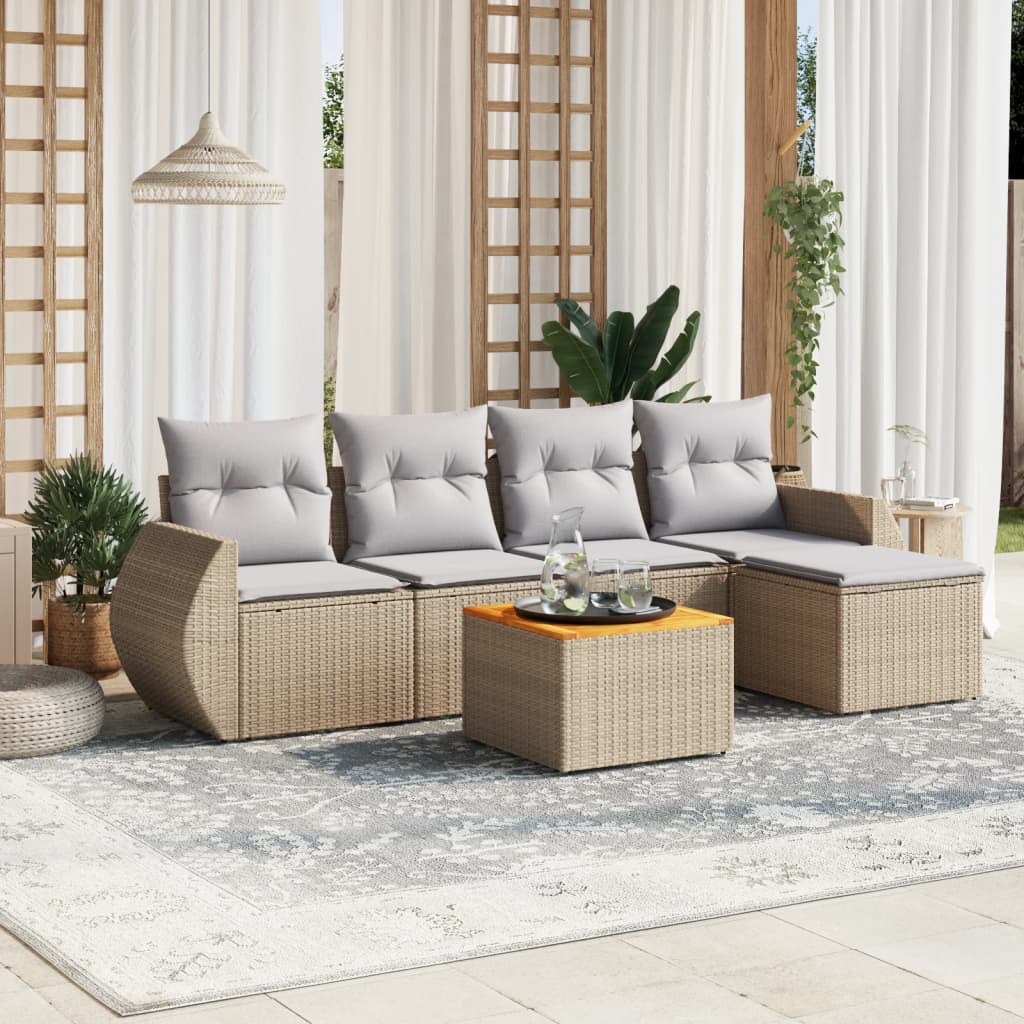 6 Pcs conjunto de sofás p/ jardim com almofadões vime PE bege