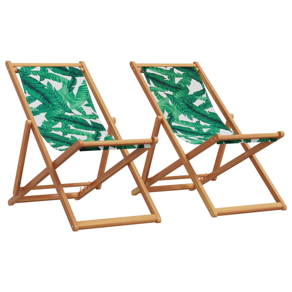 Cadeiras de praia dobráveis 2 pcs tecido/madeira padrão folhas