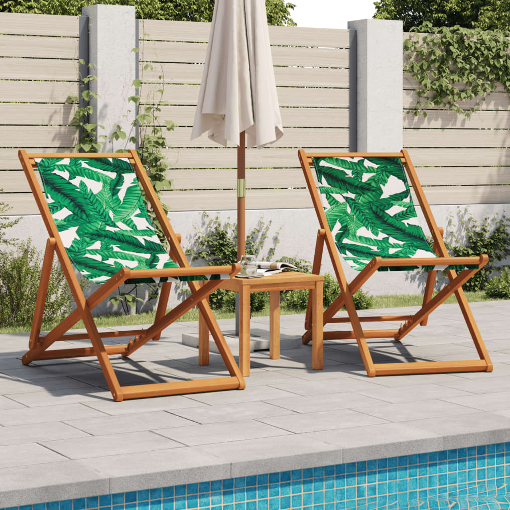 Cadeiras de praia dobráveis 2 pcs tecido/madeira padrão folhas