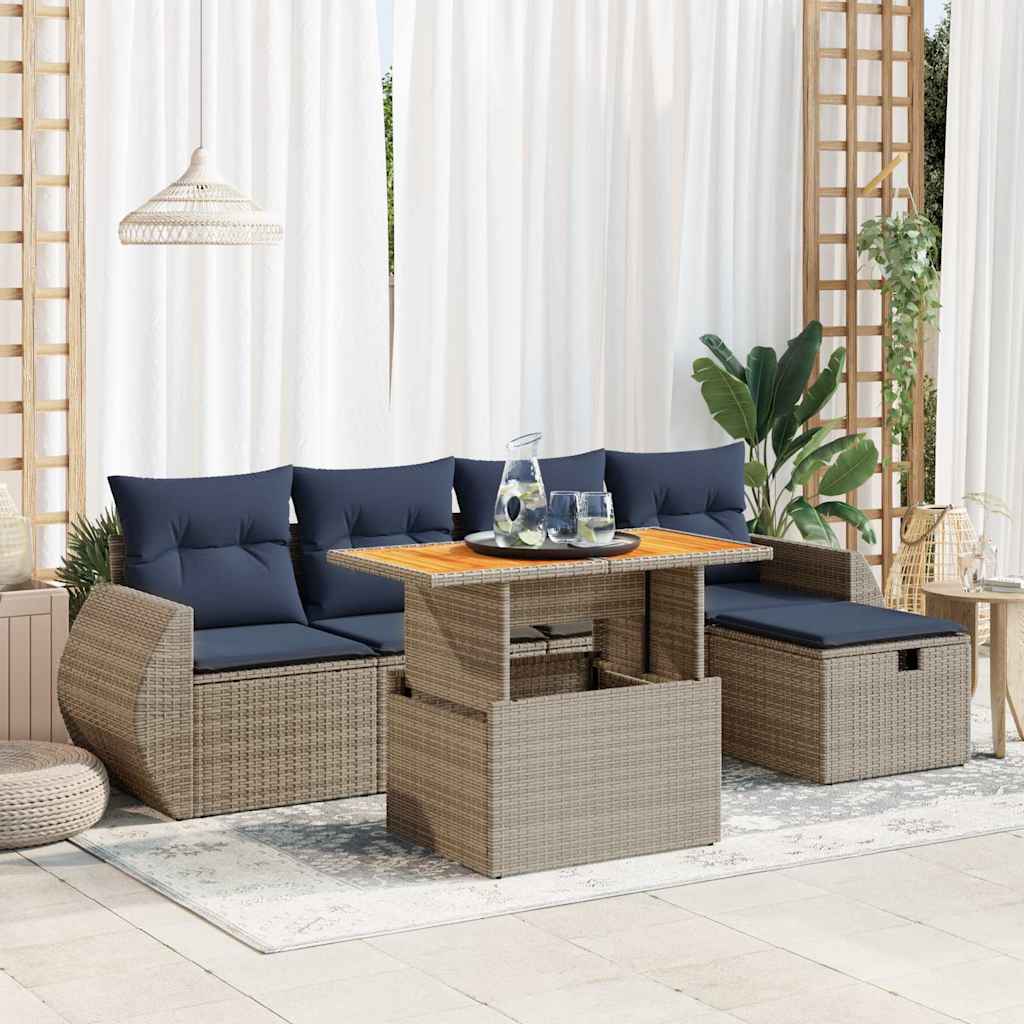 6 Pcs conjunto sofás jardim c/ almofadões vime PE/acácia preto