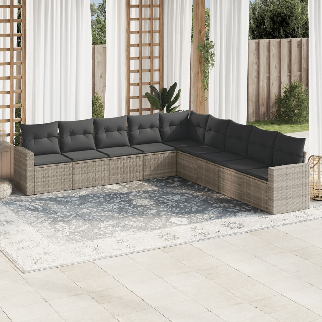 9 Pcs conj. sofás jardim com almofadões vime PE cinzento-claro