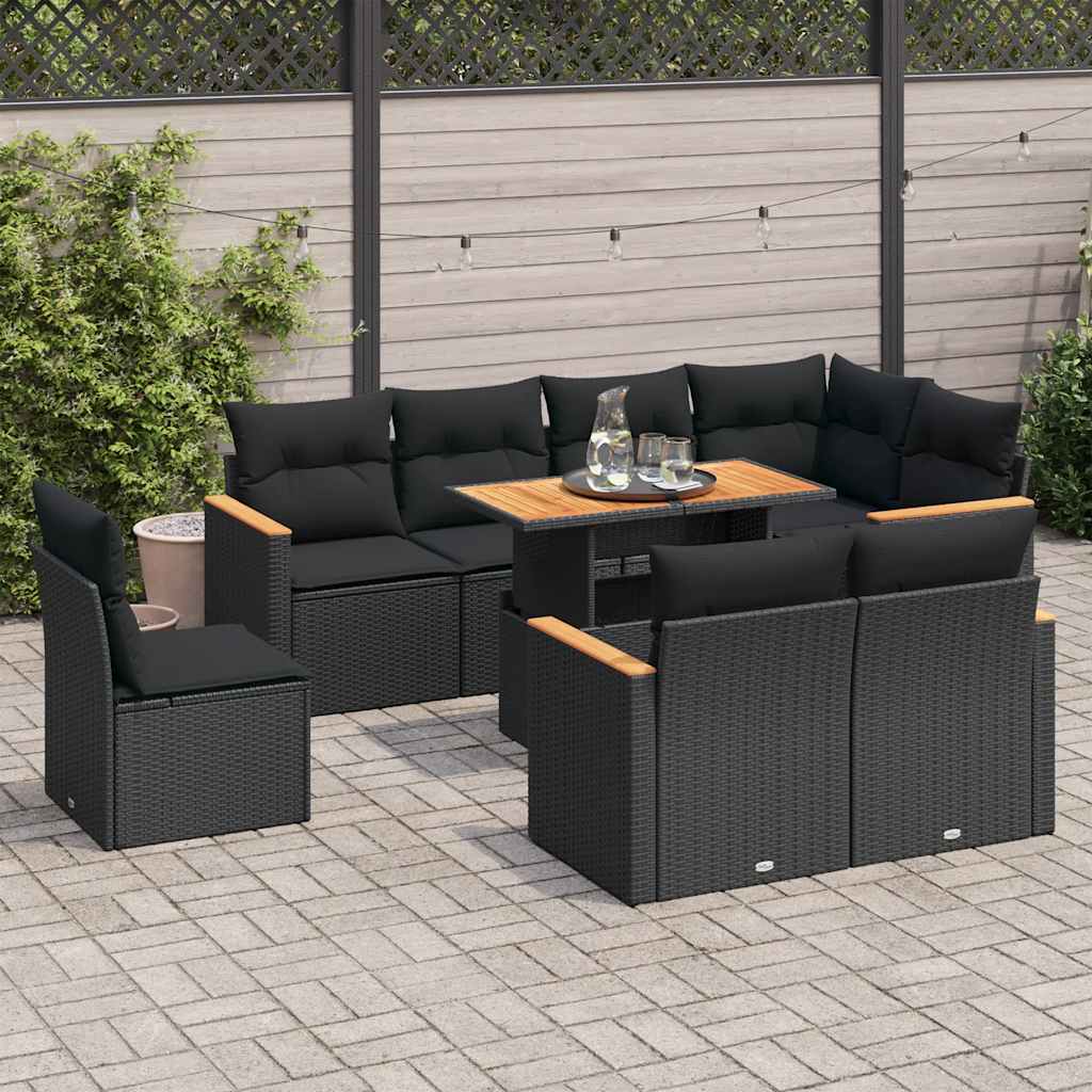 9 Pcs conjunto sofás p/ jardim almofadões vime PE/acácia preto