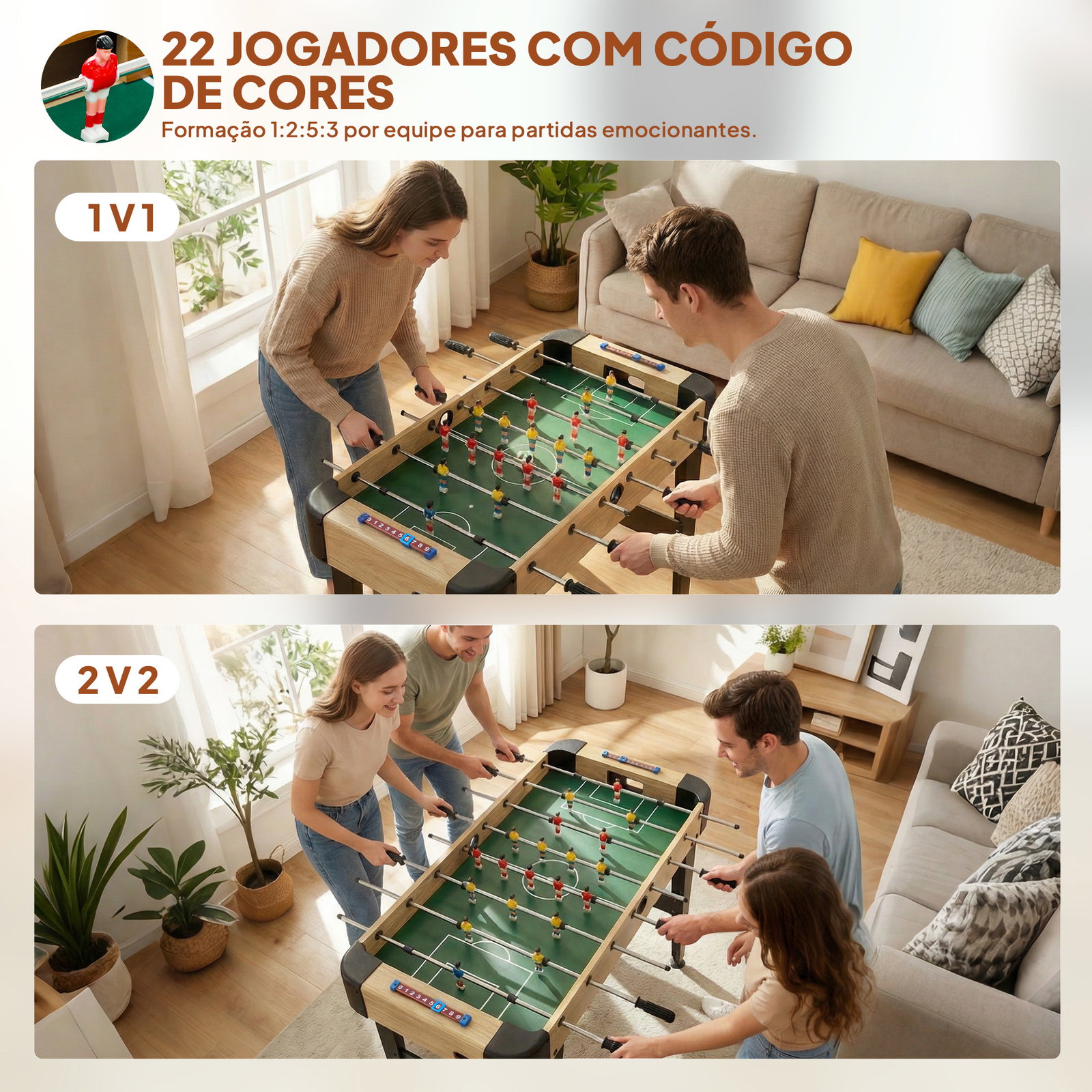 Mesa de matraquilhos de 92 cm com 22 jogadores 2 bolas marcadores manuais pegas antiderrapantes madeira