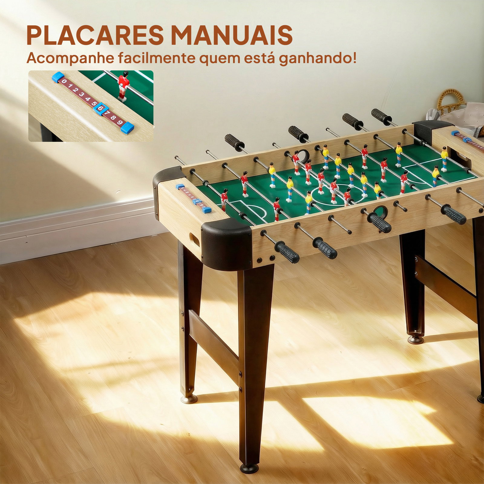 Mesa de matraquilhos de 92 cm com 22 jogadores 2 bolas marcadores manuais pegas antiderrapantes madeira