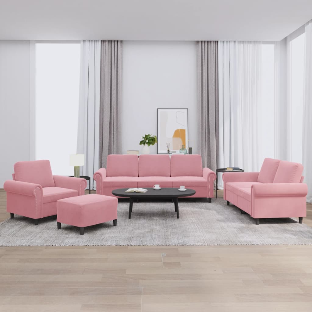 4 Pcs conjunto de sofás com almofadões veludo rosa