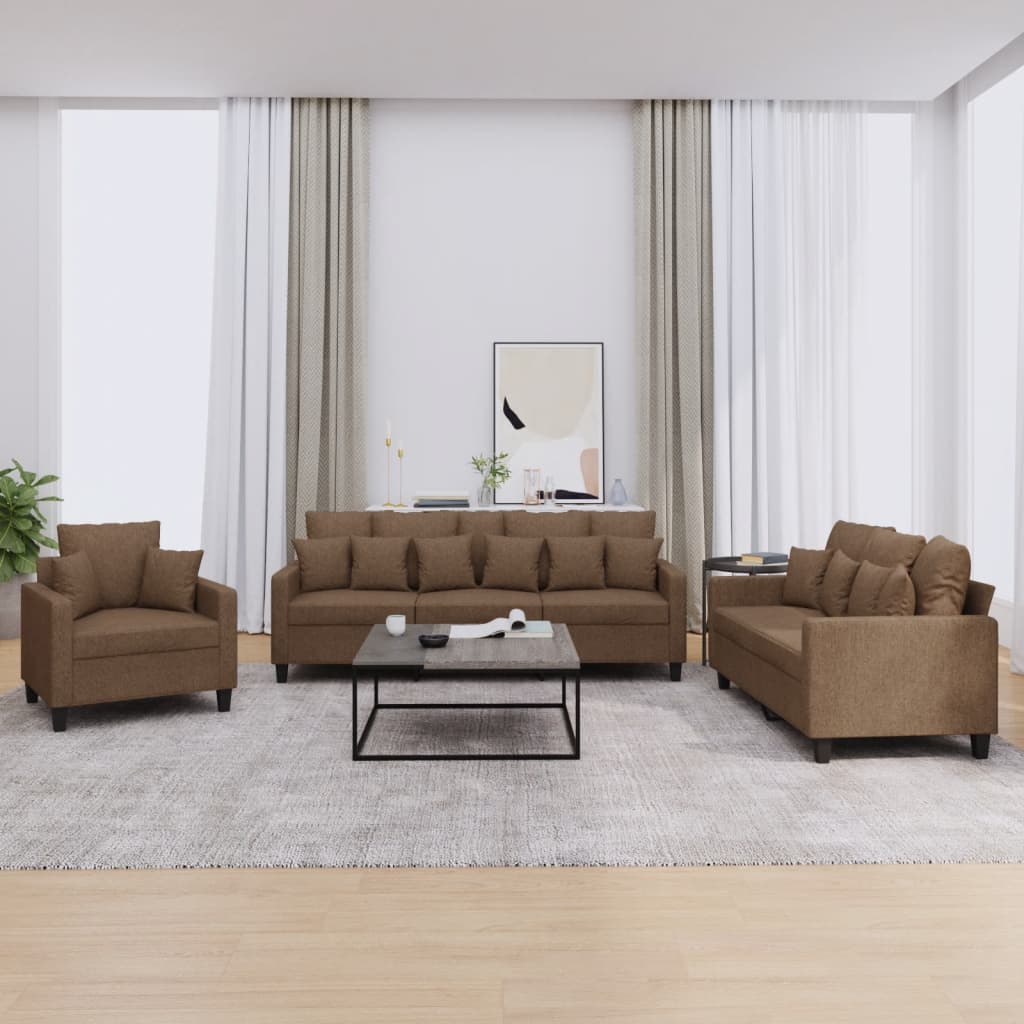 3 Pcs conjunto de sofás com almofadas tecido castanho