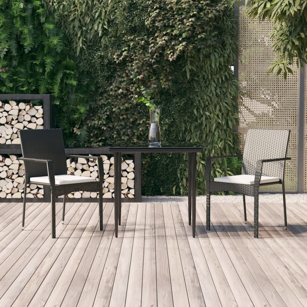 3 Pcs conjunto de jantar p/ jardim c/ almofadões vime PE preto