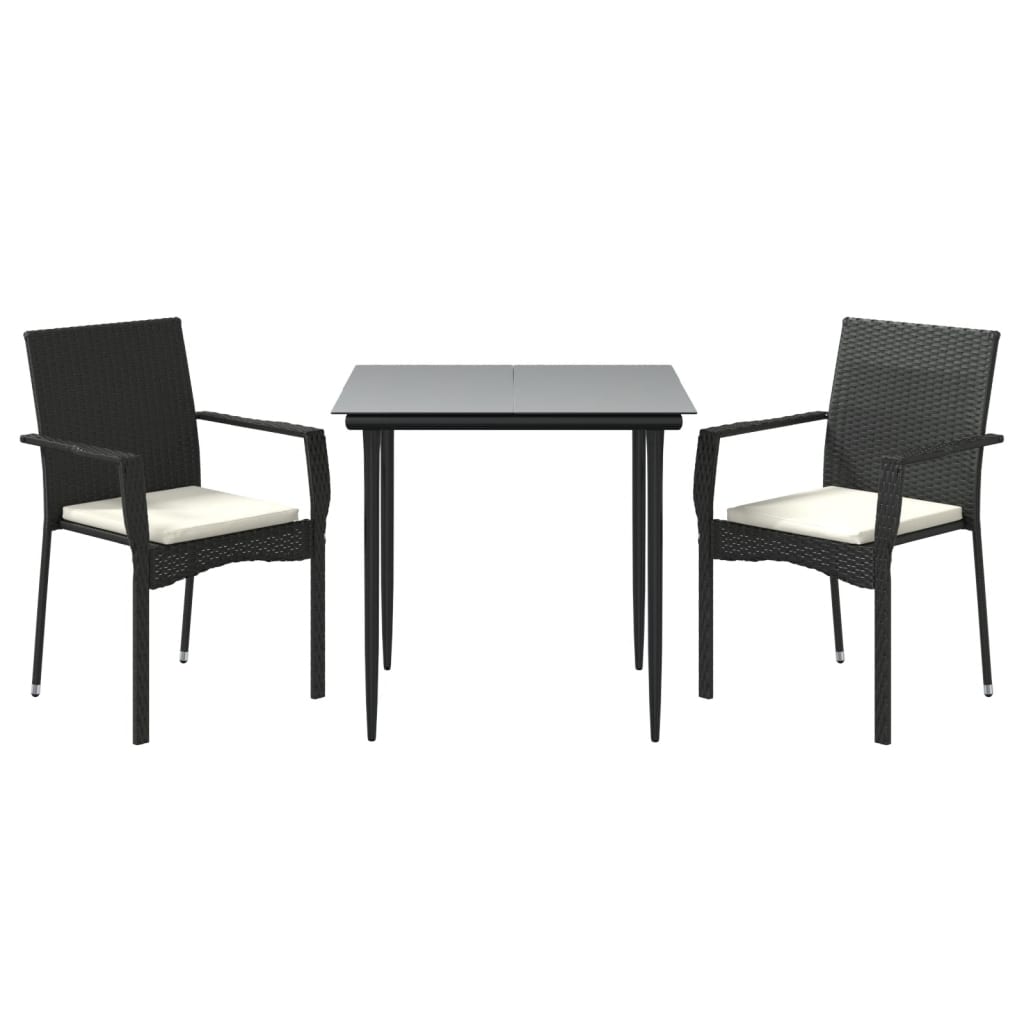 3 Pcs conjunto de jantar p/ jardim c/ almofadões vime PE preto