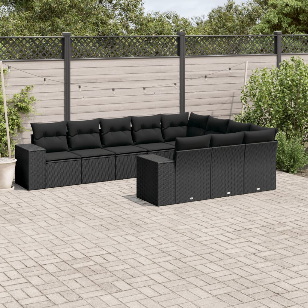 10 Pcs conjunto sofás de jardim c/ almofadões vime PE preto
