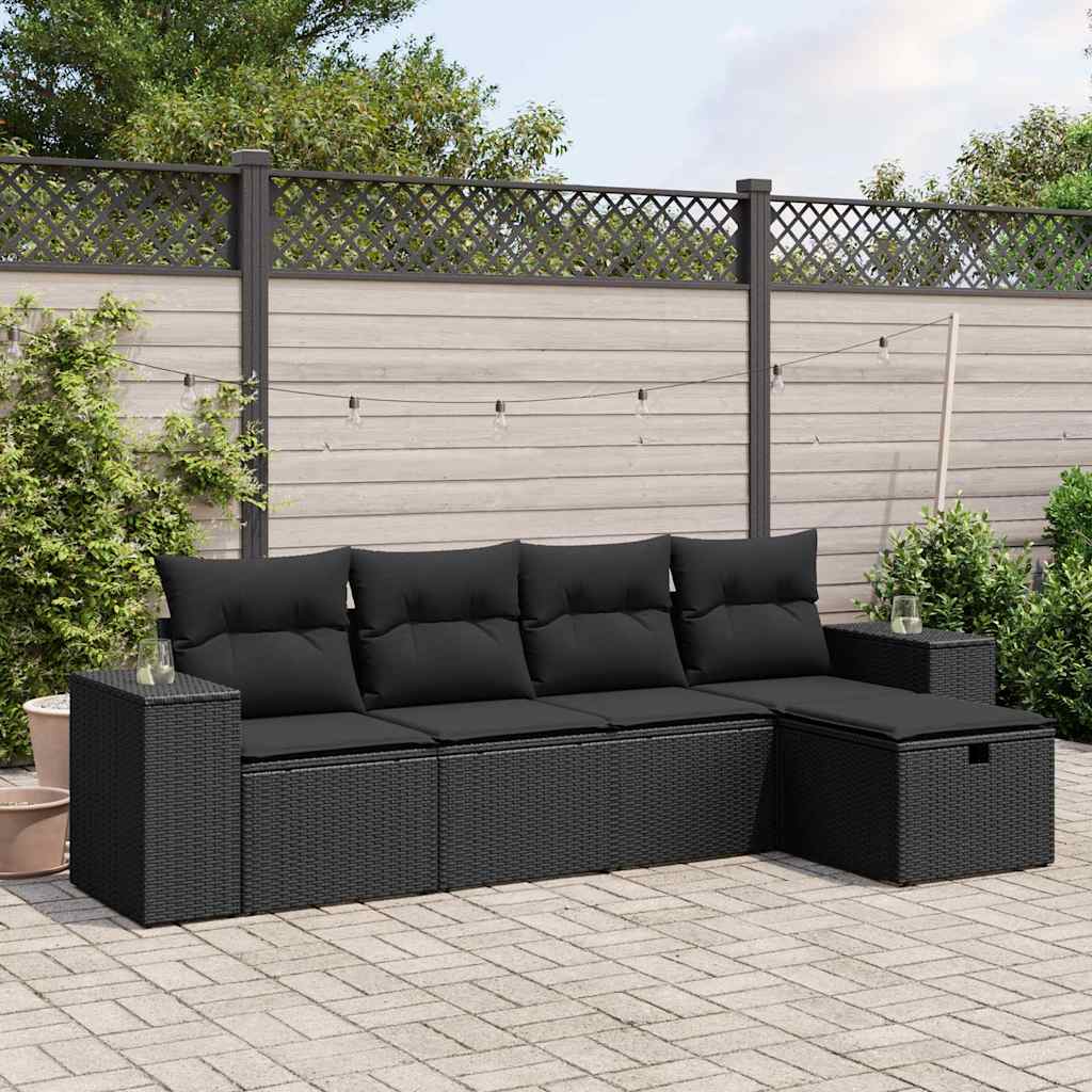 5 Pcs conjunto sofás de jardim com almofadões vime PE preto