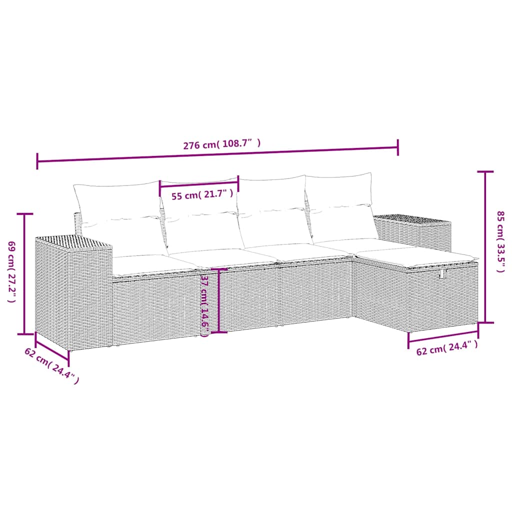 5 Pcs conjunto sofás de jardim com almofadões vime PE preto