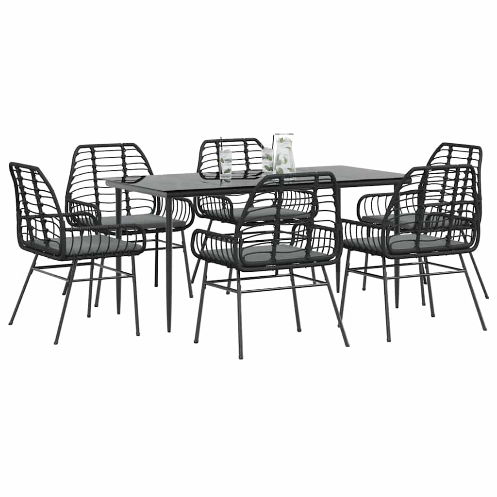 Conjunto de jantar jardim 7 peças almofadas vidro vime PE preto