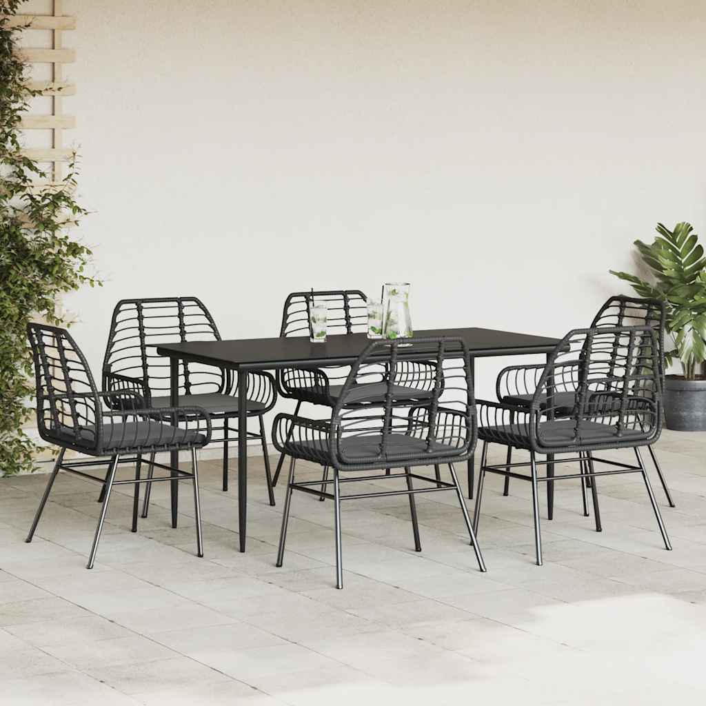 Conjunto de jantar jardim 7 peças almofadas vidro vime PE preto