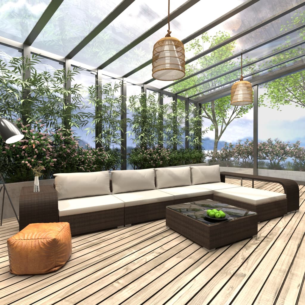 8 Pcs conjunto lounge jardim c/ almofadões vime PE castanho