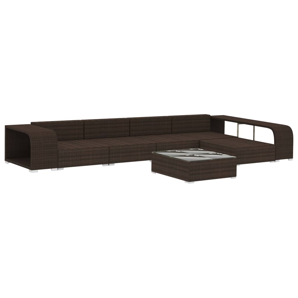 8 Pcs conjunto lounge jardim c/ almofadões vime PE castanho