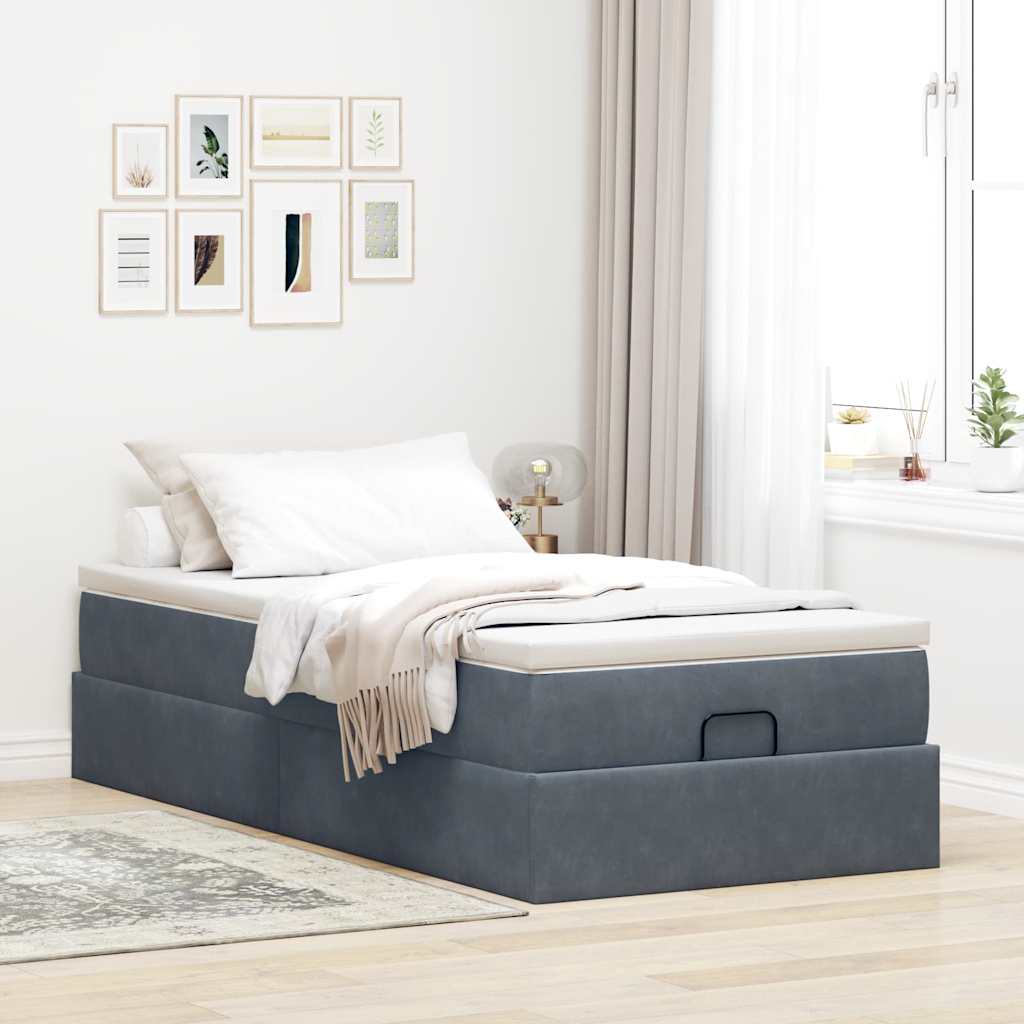 Estrutura de cama otomana com colchão cinza escuro veludo