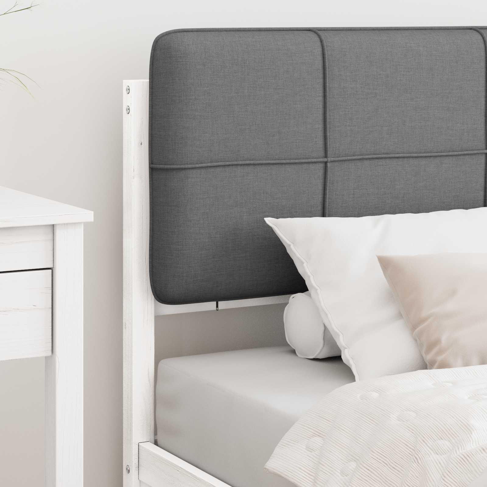Estrutura de cama com cabeceira estofada cinzento-claro