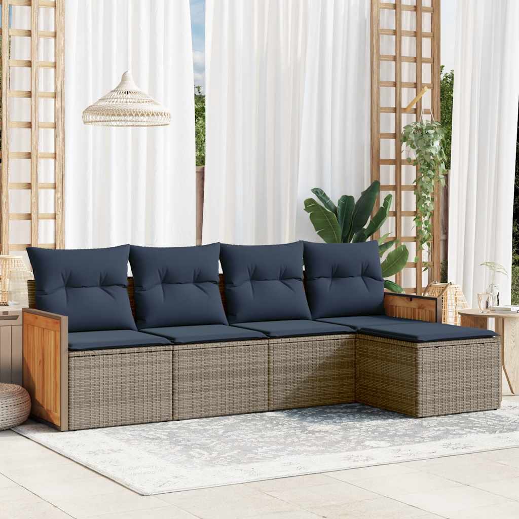 Conjunto de sofá de jardim de 5 peças com almofadas em rattan sintético cinza