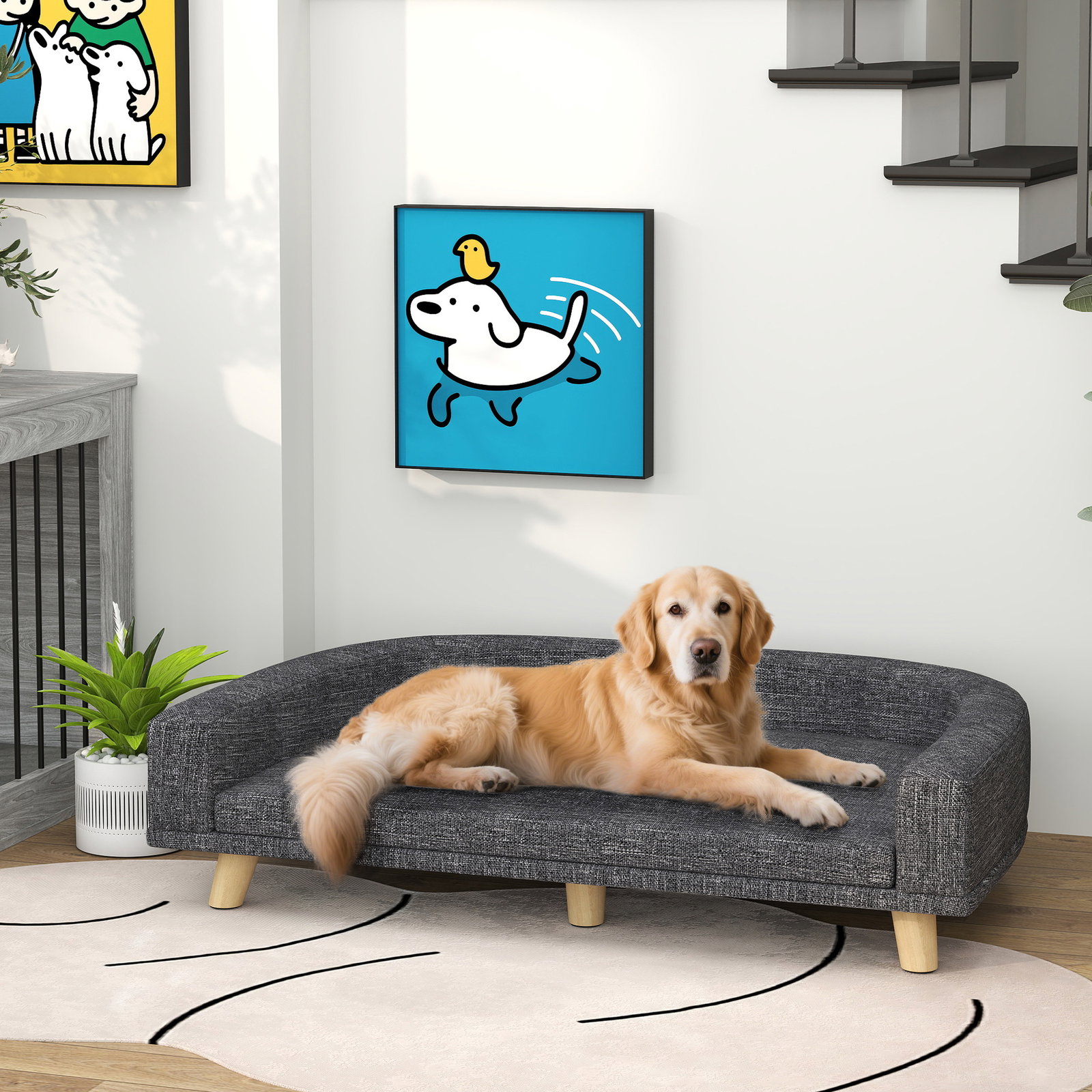 Sofá para cães cama elevada para cães estofada com almofada lavável e pés de madeira de pinho 98x67x25 cm cinza escuro