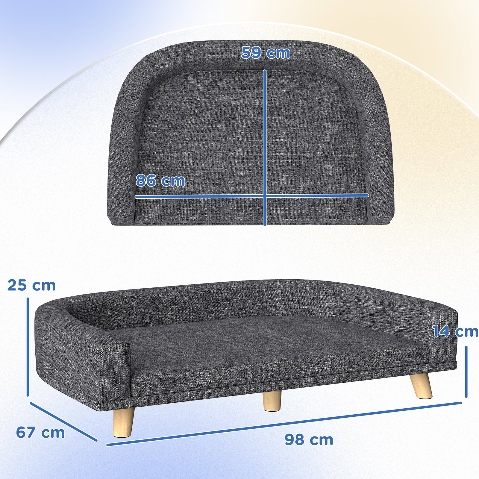 Sofá para cães cama elevada para cães estofada com almofada lavável e pés de madeira de pinho 98x67x25 cm cinza escuro