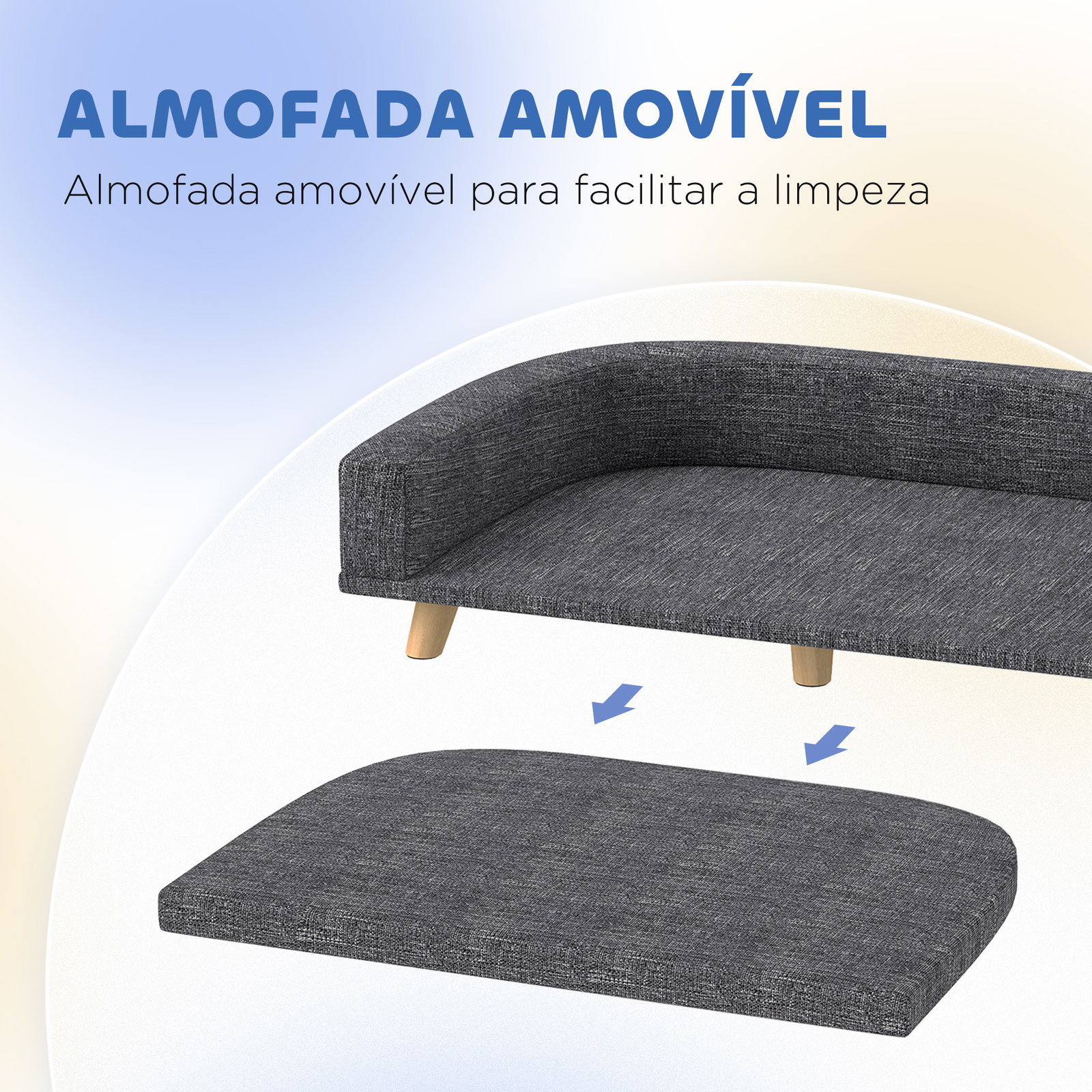 Sofá para cães cama elevada para cães estofada com almofada lavável e pés de madeira de pinho 98x67x25 cm cinza escuro