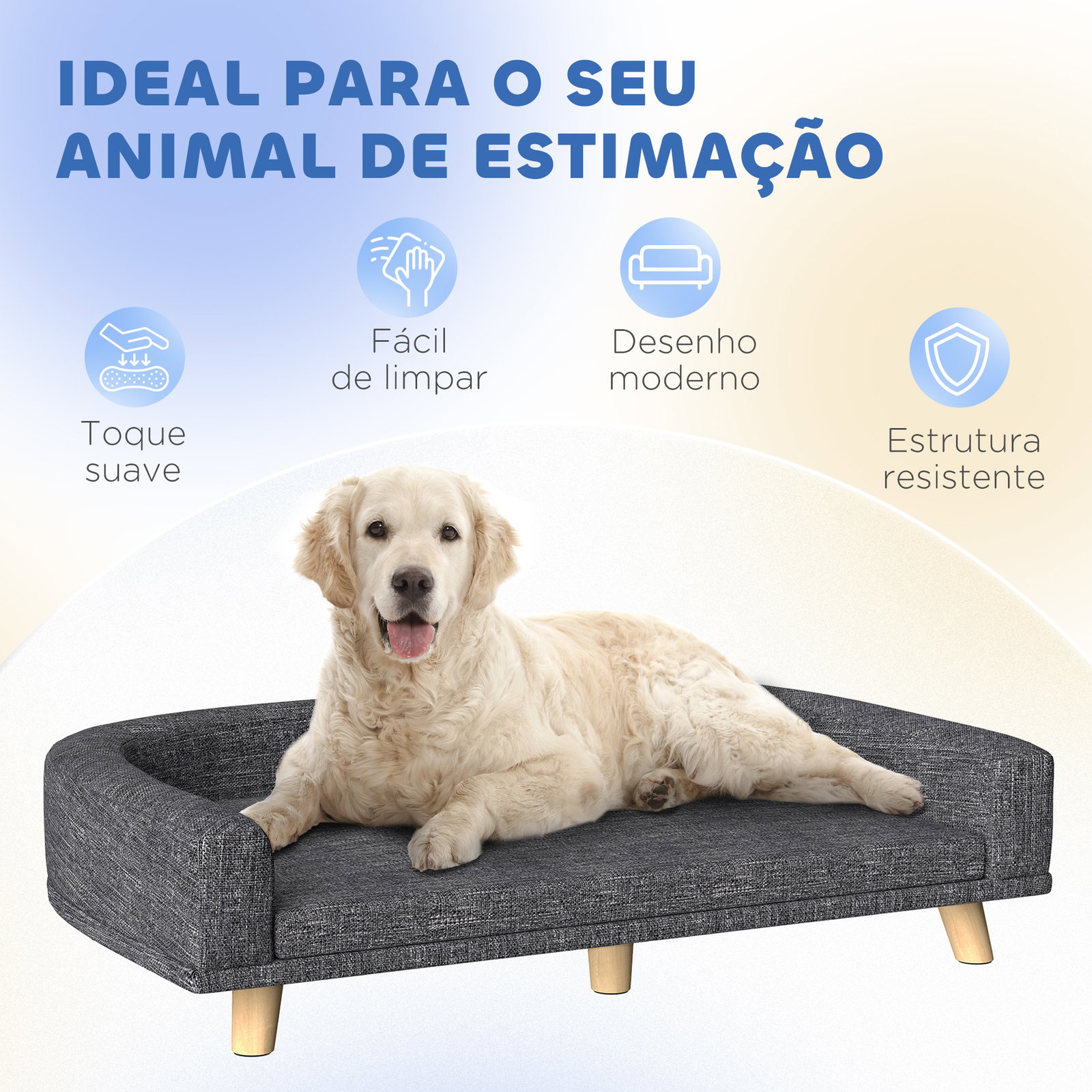 Sofá para cães cama elevada para cães estofada com almofada lavável e pés de madeira de pinho 98x67x25 cm cinza escuro