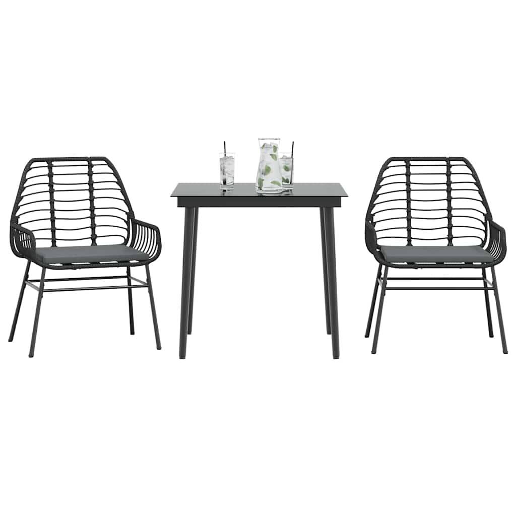 3 Pcs conjunto jantar jardim almofadões vime PE vidro preto
