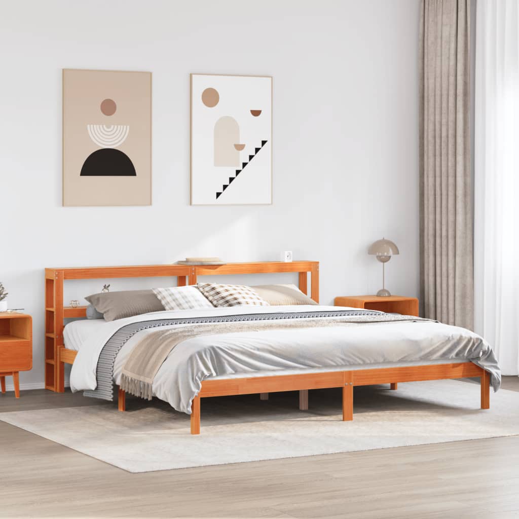 Estrutura cama c/ cabeceira 200x200cm pinho maciço castanho-mel