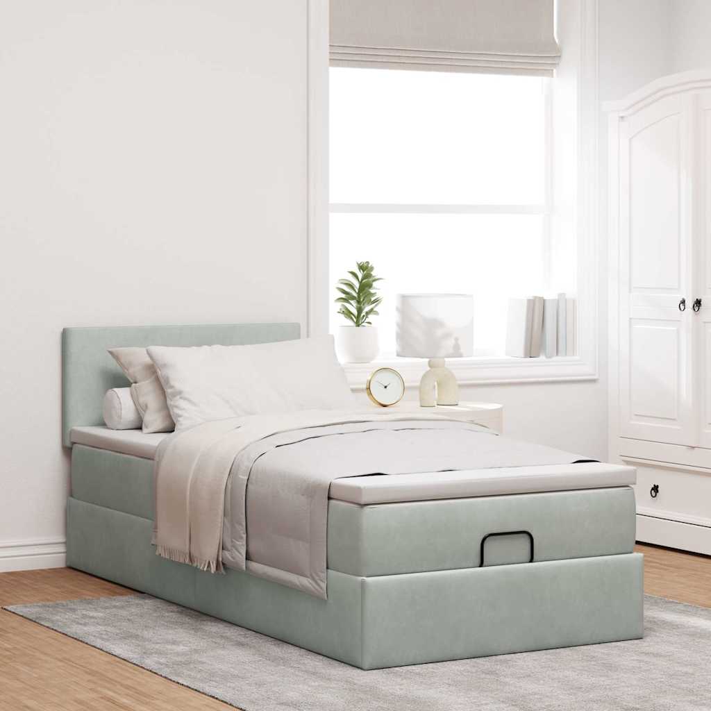 Estrutura de cama otomana com colchão cinza claro veludo