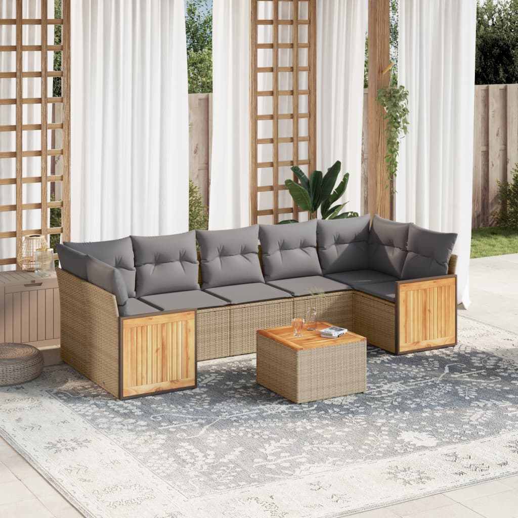 8 Pcs conjunto de sofás p/ jardim com almofadões vime PE bege
