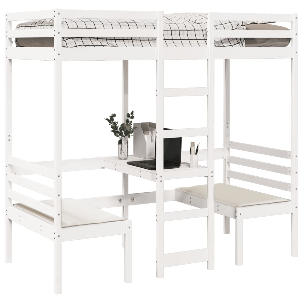 Cama alta c/ secretária/cadeiras 80x200 cm pinho maciço branco