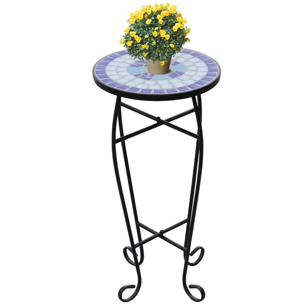 Mesa de apoio para plantas em mosaico azul e branco