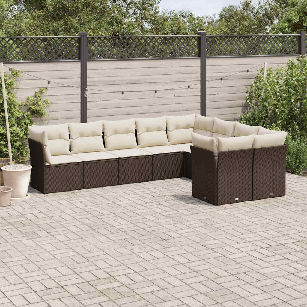 9 Pcs conjunto sofás p/ jardim c/ almofadões vime PE castanho