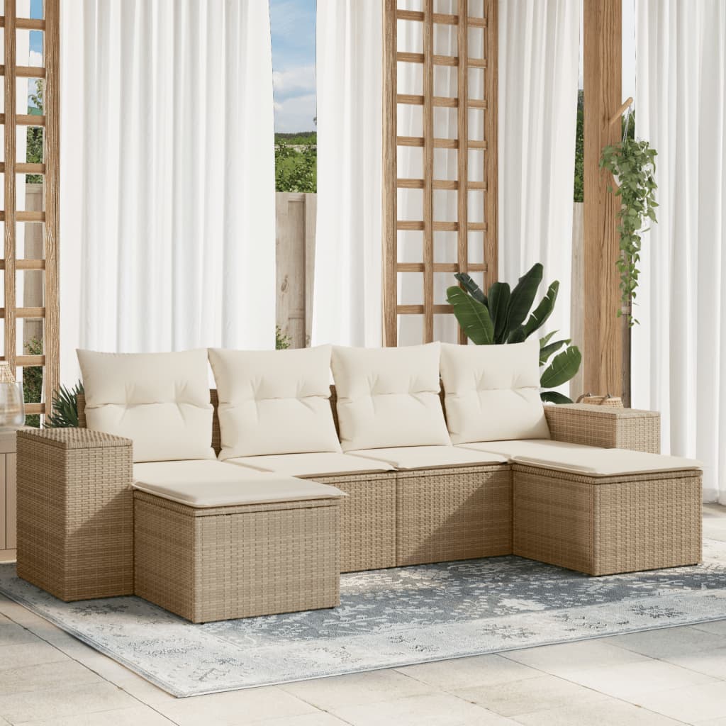 6 Pcs conjunto de sofás p/ jardim com almofadões vime PE bege