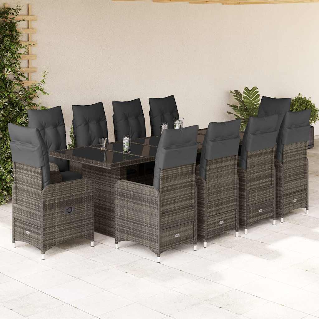 11 Pcs conjunto bistrô de jardim c/ almofadões vime PE cinzento