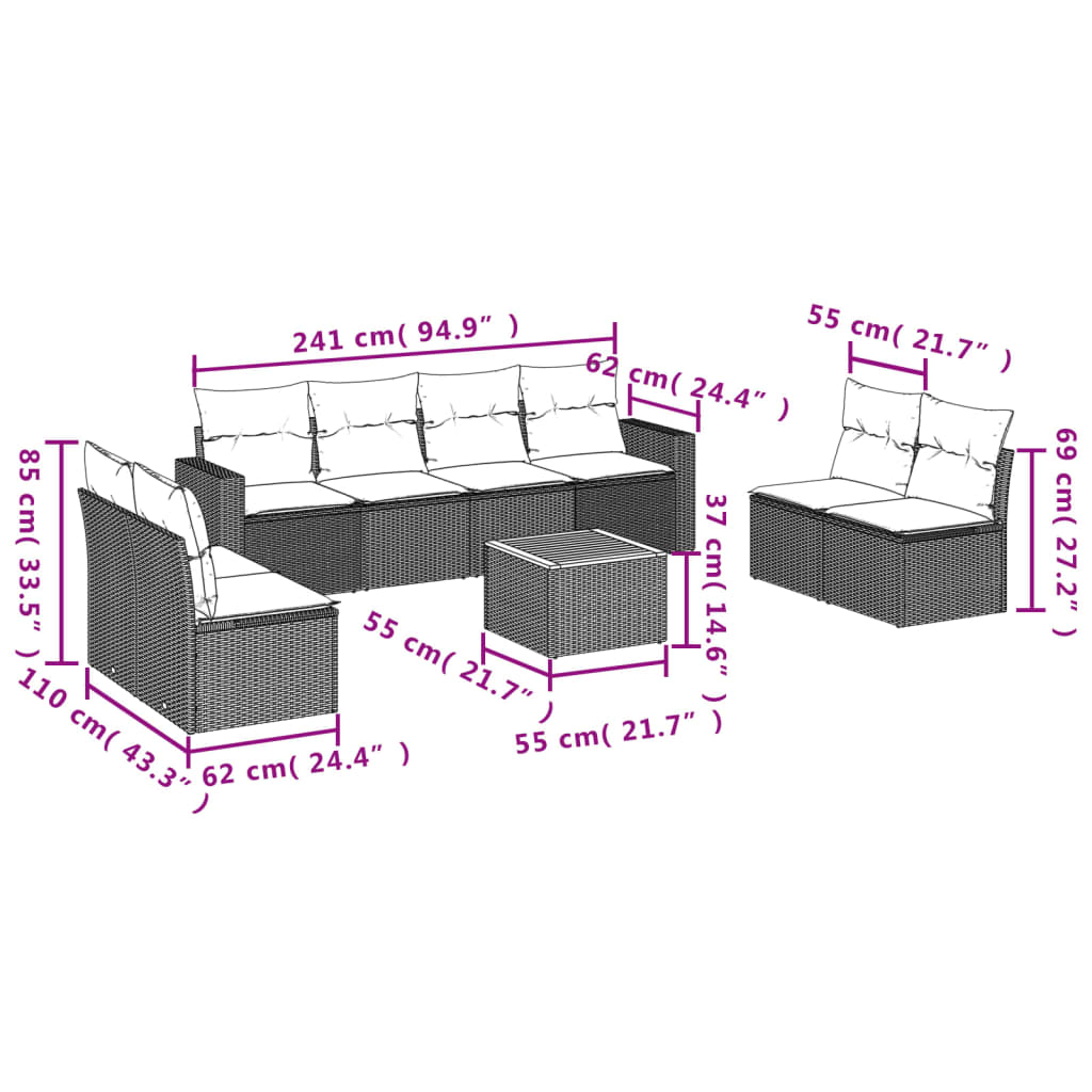 9 Pcs conjunto de sofás p/ jardim c/ almofadões vime PE preto