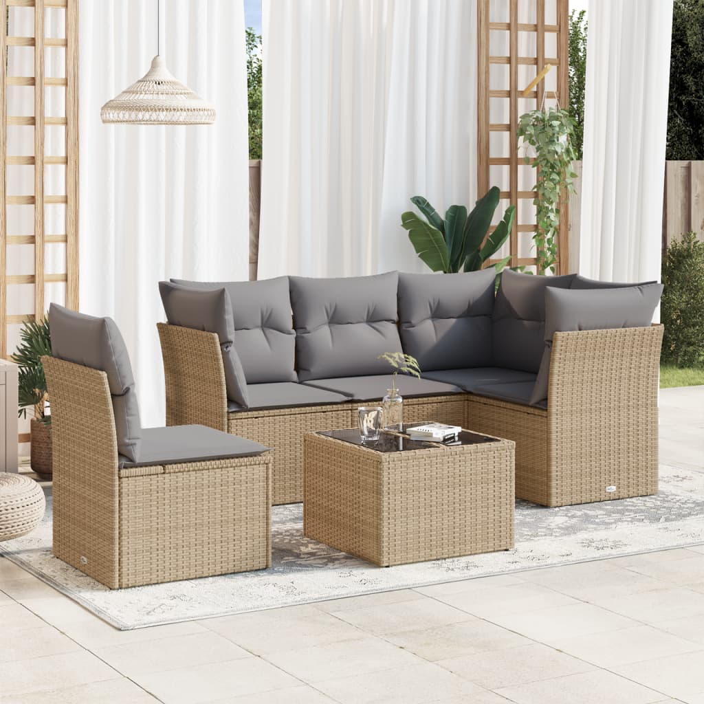 6 Pcs conjunto de sofás p/ jardim com almofadões vime PE bege