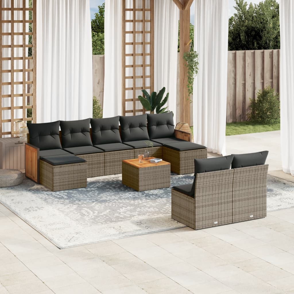 10 Pcs conjunto sofás de jardim c/ almofadões vime PE cinzento