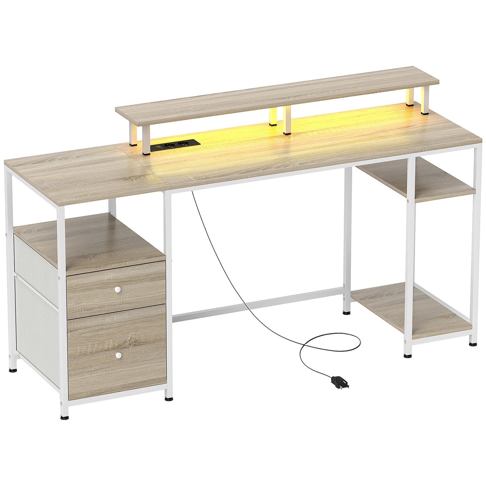 Mesa para computador com luzes LED prateleiras gavetas plug entrada USB e suporte para monitor 155,5x48x75,5 cm madeira