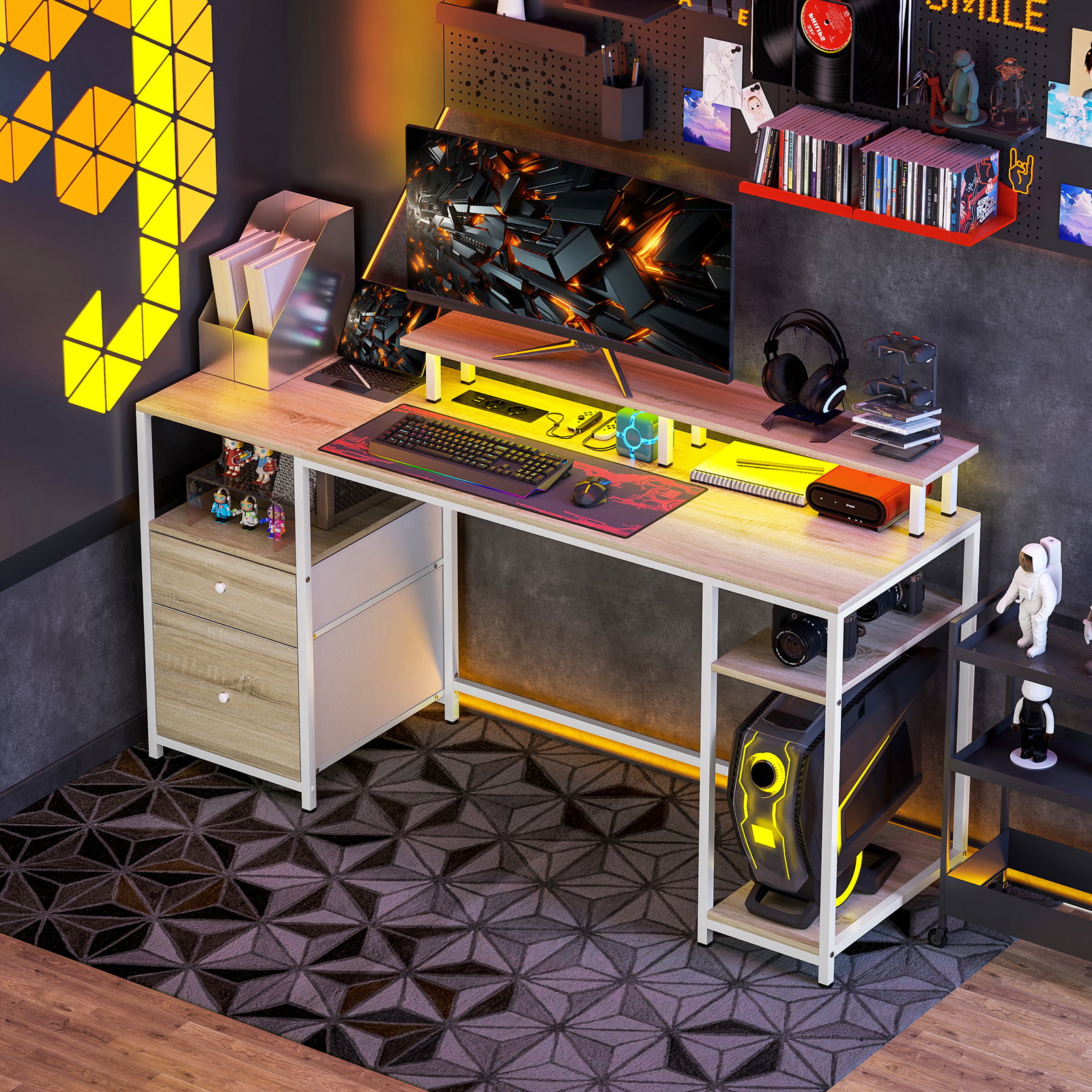Mesa para computador com luzes LED prateleiras gavetas plug entrada USB e suporte para monitor 155,5x48x75,5 cm madeira