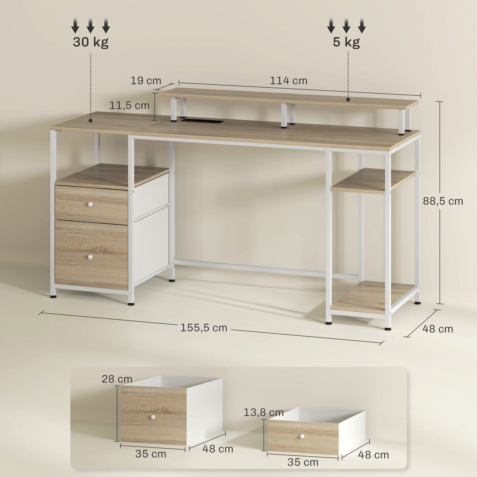 Mesa para computador com luzes LED prateleiras gavetas plug entrada USB e suporte para monitor 155,5x48x75,5 cm madeira