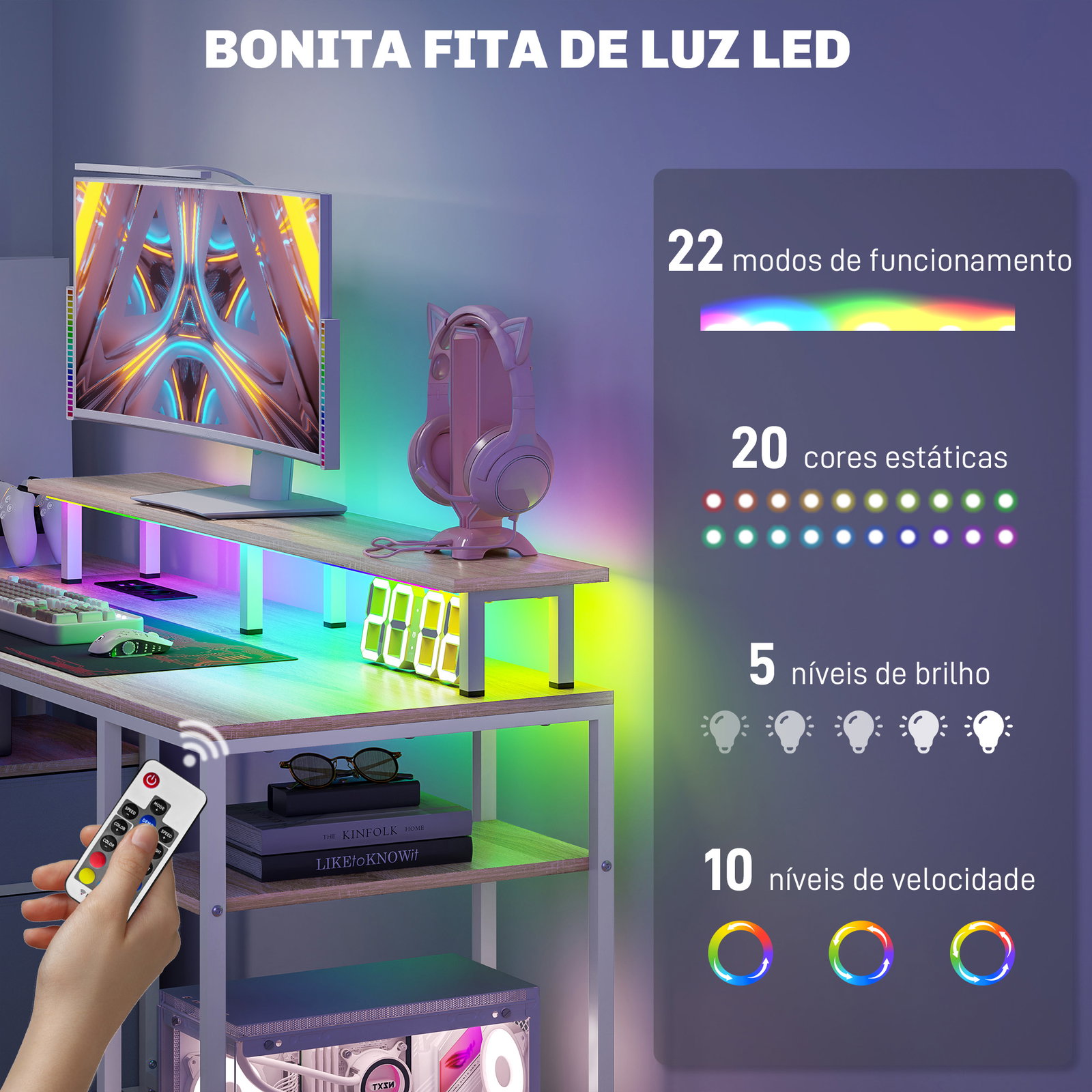 Mesa para computador com luzes LED prateleiras gavetas plug entrada USB e suporte para monitor 155,5x48x75,5 cm madeira