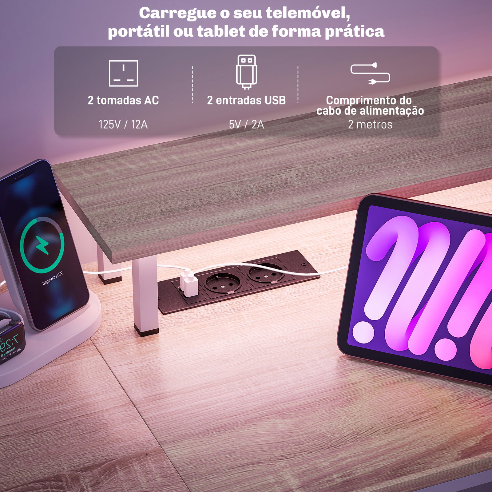 Mesa para computador com luzes LED prateleiras gavetas plug entrada USB e suporte para monitor 155,5x48x75,5 cm madeira