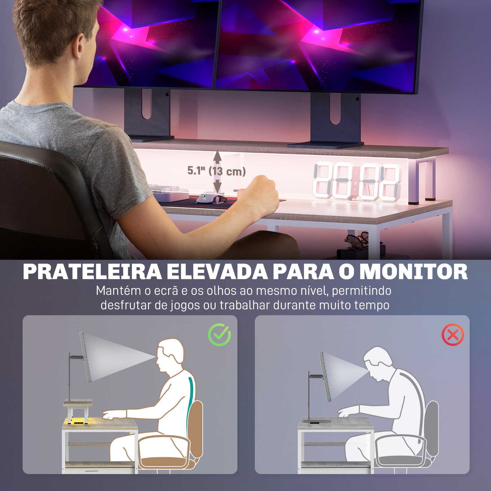 Mesa para computador com luzes LED prateleiras gavetas plug entrada USB e suporte para monitor 155,5x48x75,5 cm madeira