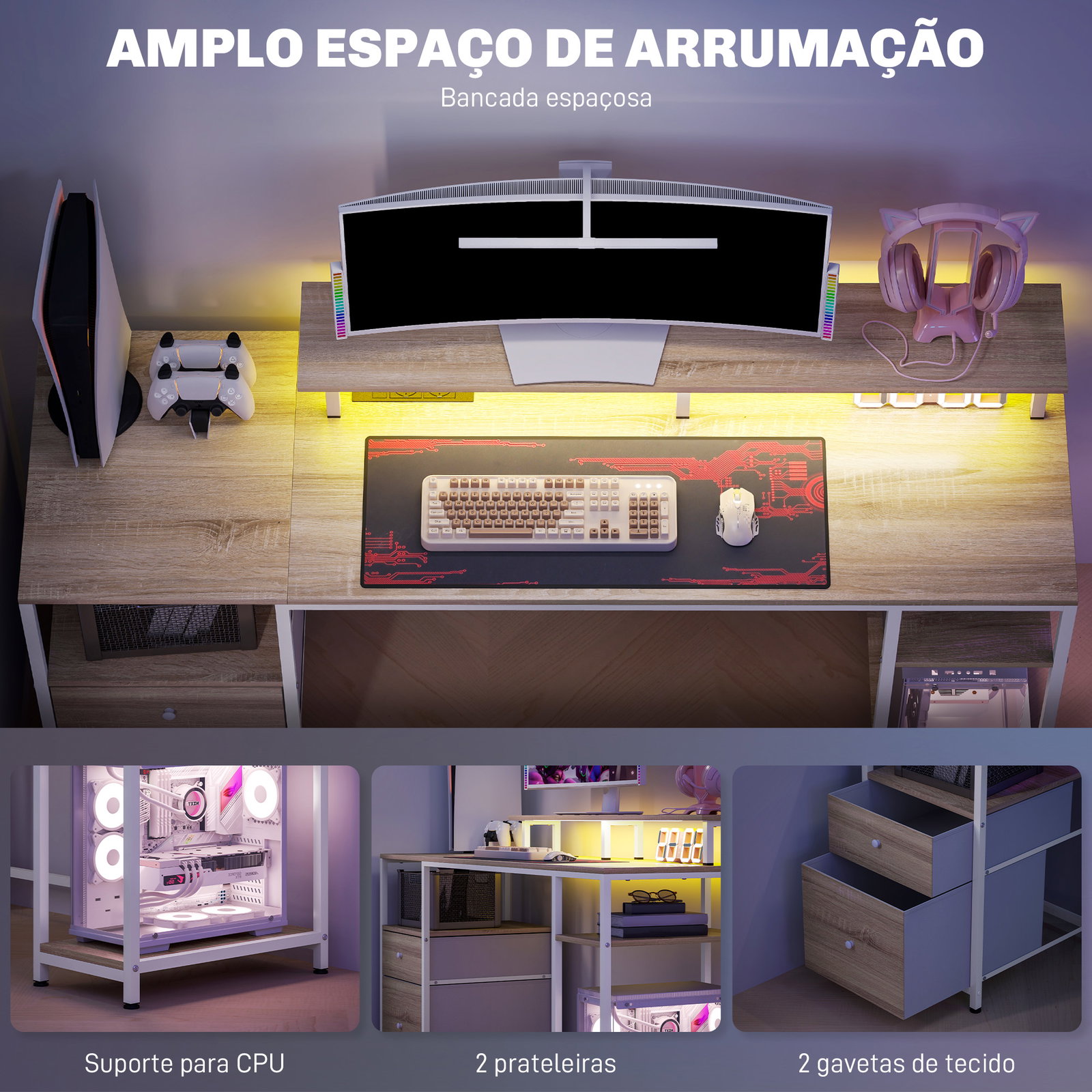 Mesa para computador com luzes LED prateleiras gavetas plug entrada USB e suporte para monitor 155,5x48x75,5 cm madeira
