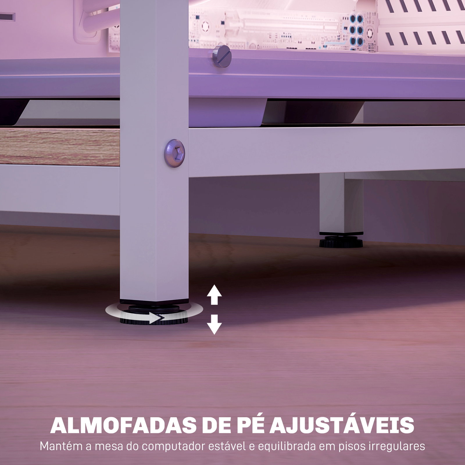 Mesa para computador com luzes LED prateleiras gavetas plug entrada USB e suporte para monitor 155,5x48x75,5 cm madeira