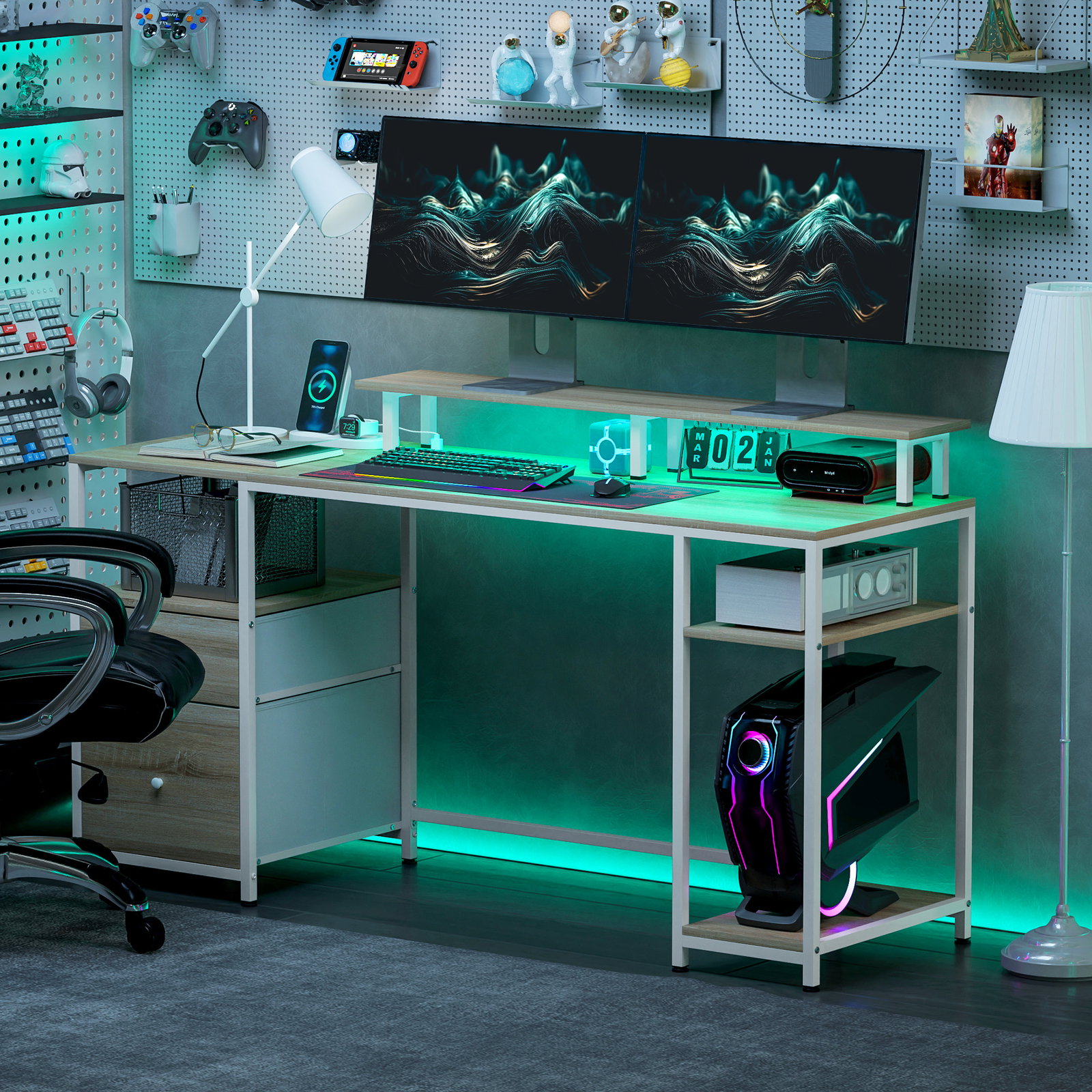 Mesa para computador com luzes LED prateleiras gavetas plug entrada USB e suporte para monitor 155,5x48x75,5 cm madeira
