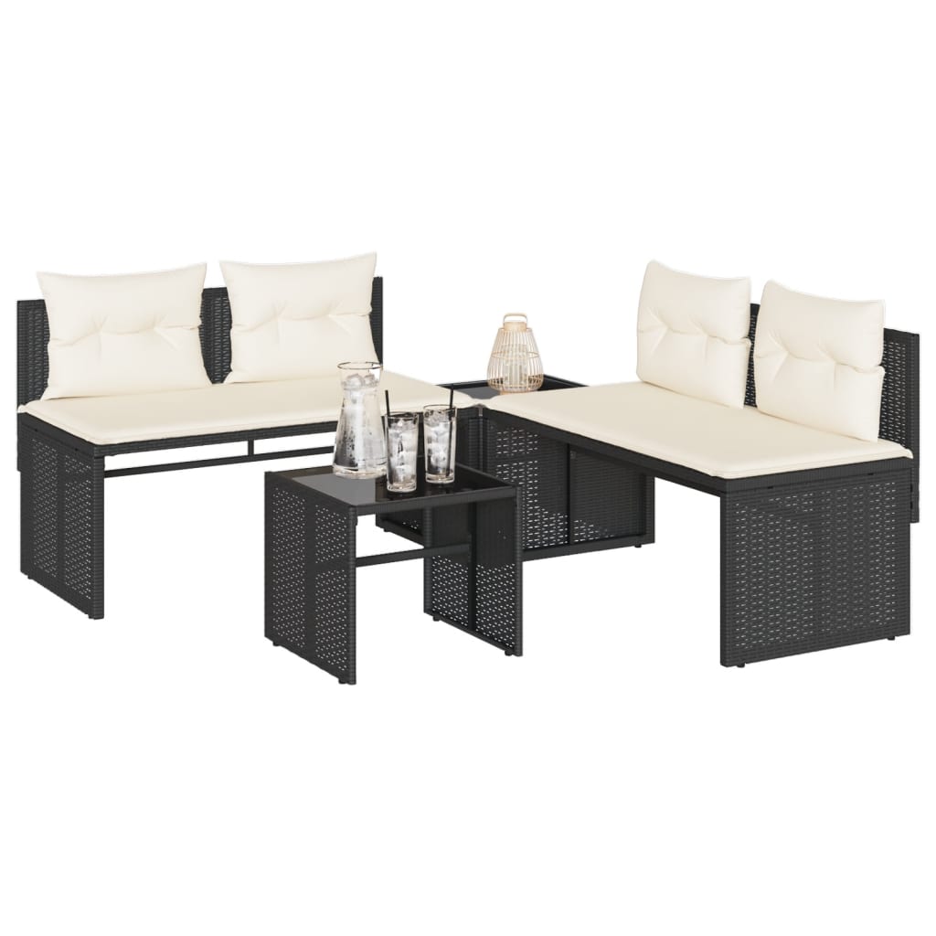 4 Pcs conjunto de sofás para jardim c/ almofadões vime PE preto